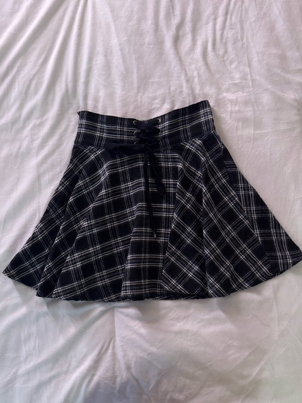 Black Plaid Lace-Up High Waisted Skater Mini Skirt
